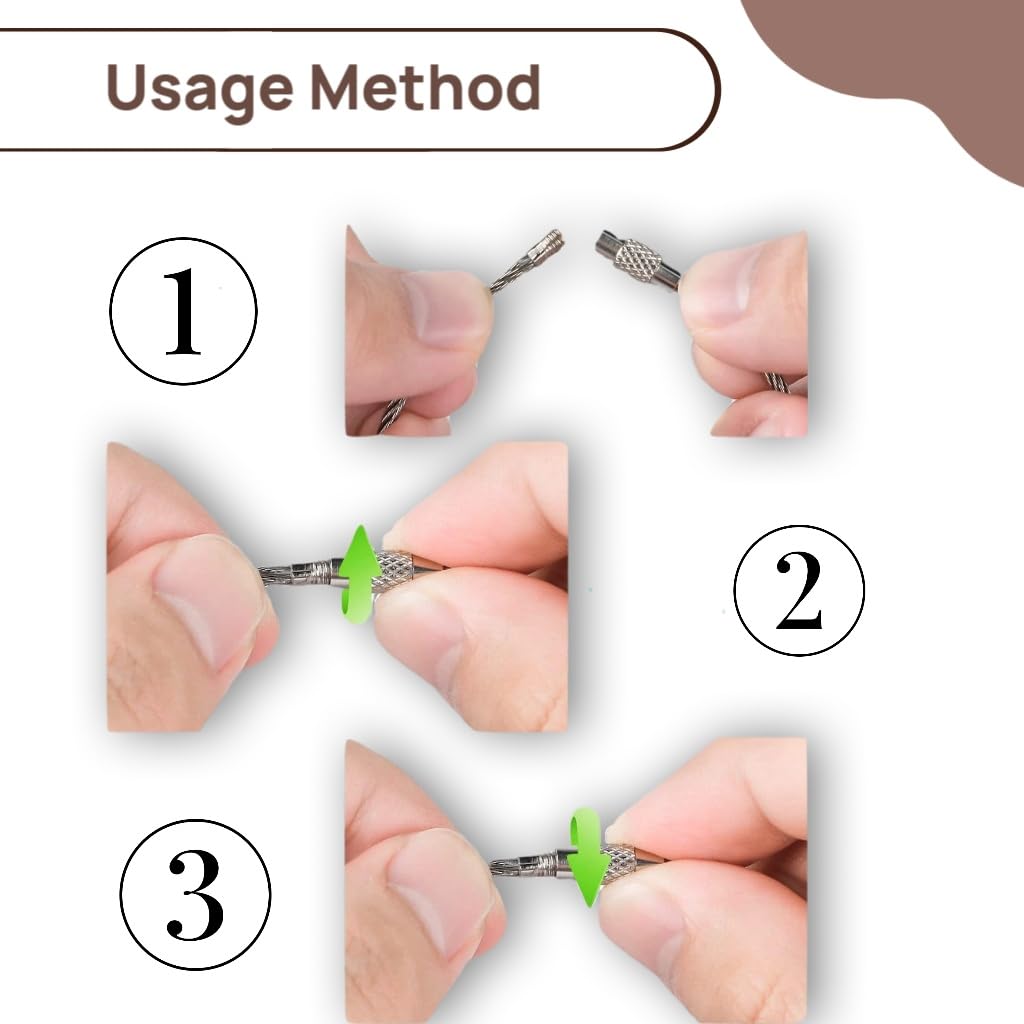 ZIBUYU Braided Steel Locking Wire Loops for Luggage Tags and Keychains featuring Screw Lock 10 Pcs 1.5mm Stainless Steel