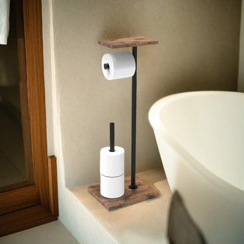 HASTHIP Toilet Paper Roll Holder for Bathroom with Top Storage Shelf 20x24x65cm | Wood and Metal Free Standing Organizer