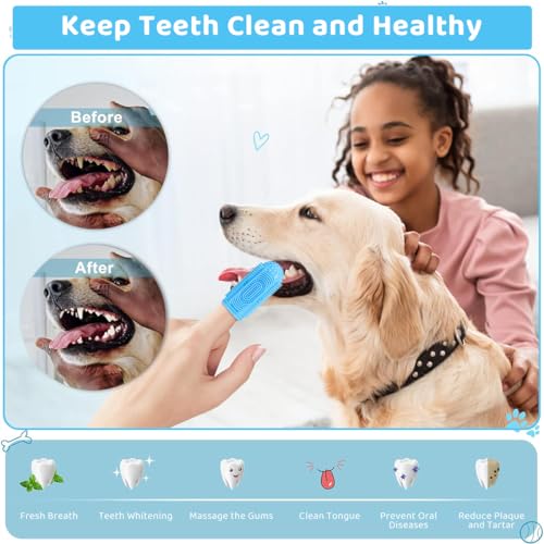 Qpets® Dog Toothbrush, Pet Teeth Cleaning Set Soft Silicone Finger for Dog, Protecting Dog Dental Health Pets Oral Care Supplies, Dog Toothbrush Index Finger Sleeve with Storage Case, Blue