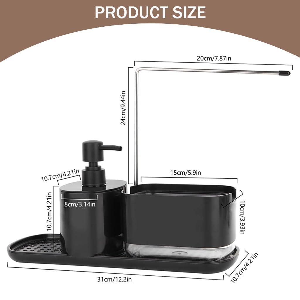 HASTHIP Metal Kitchen Soap Dispenser Set for Sink Countertop with Sponge Rack Tray | 2 PCS Black