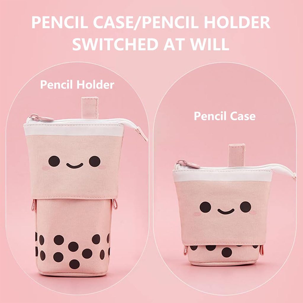 Zibuyu Telescopic Standing Pencil Case for School and Office featuring Dual Handles and Canvas Design | Cute Pink Boba Tea Holder for Pens and Makeup