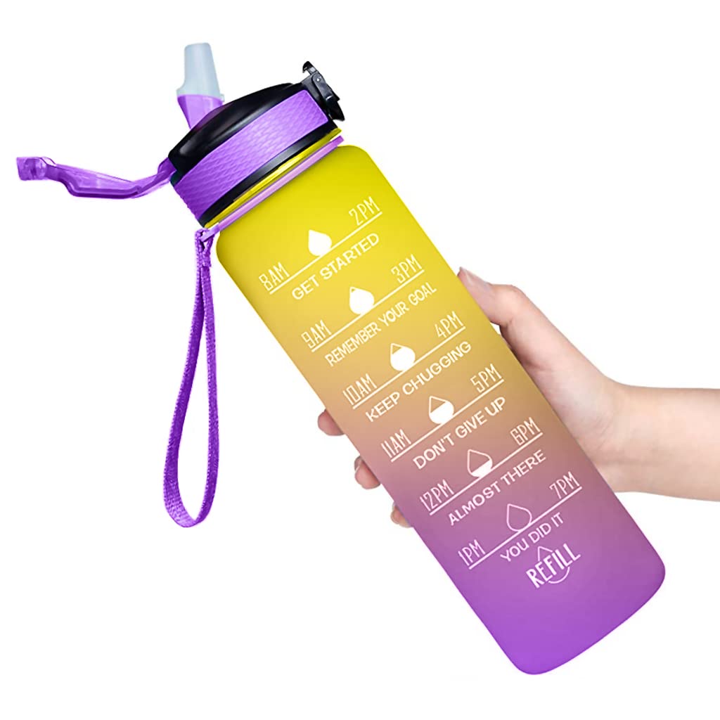 Proberos  Water Bottles for Kids 1 Litre BPA Free Motivational Water Bottle with Straw Reminder Gym Bottles for Men with Time Marker Leak Proof Lid for Workout Use Hiking, Keep You Stay Hydrated (Yellow)