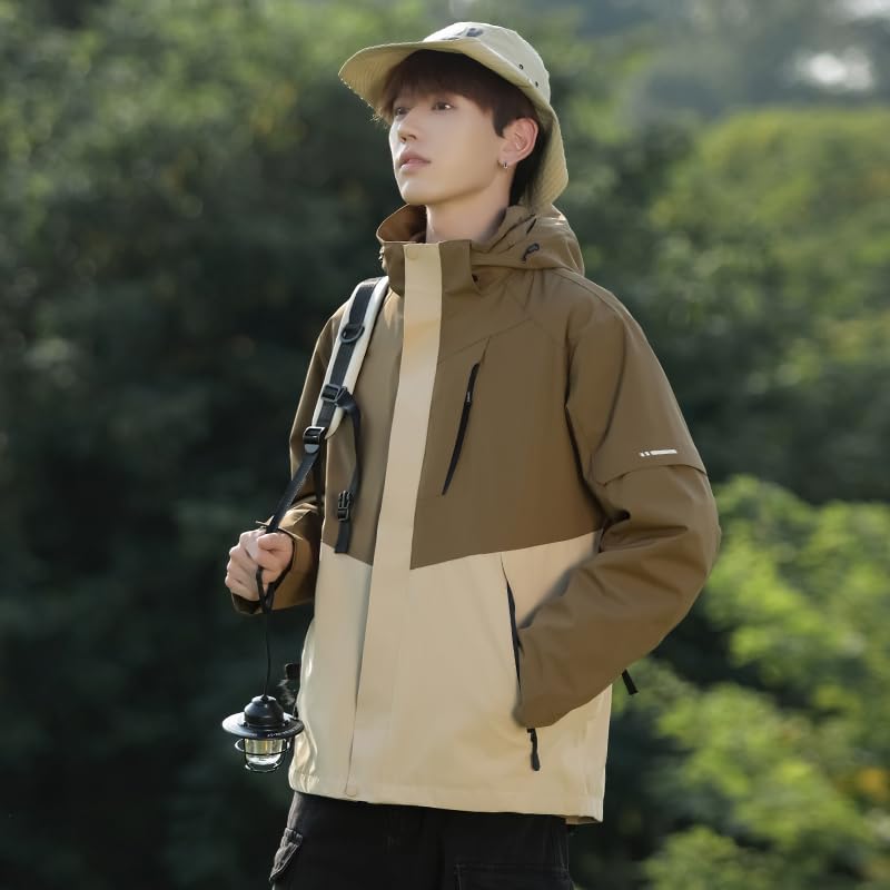 Venzina® Outdoor Hiking Jacket for Men, Windproof, Splashproof Coat with Moisture-Wicking Thermal Liner, Removable Hood, Multi-Zipper Pockets, Fashion Contrast Color Couple's Jacket, Khaki-S