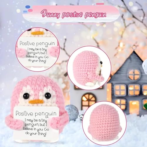 ZIBUYU® Handmade Crochet Penguin Desk Decor with Positive Message Card Cute Motivational Toys Gift for Office Home Baby Nursery Pink 2 PCS