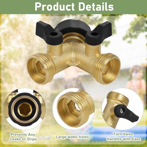 HASTHIP Garden Hose Splitter with Individual Shut-off Valves 2 Way Hose Splitter Garden Faucet Splitter Universal 3/4'' Brass Garden Hose Splitter with 4 Gaskets & 1 Roll Tape