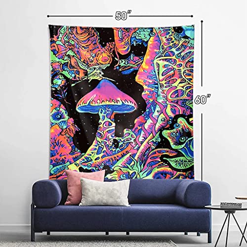 HASTHIP® UV Luminous Mushroom Tapestry, Fantastic Upright Tapestry Glow In The Dark, UV Reactive Tapestries Posters Wall Hanging for Backdrop (51inch x 59inch)( Black)