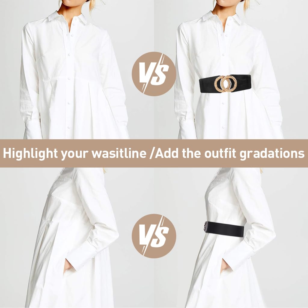 Zibuyu Belt for Women with Golden Crossing Metal Ring Buckle in Black PU Leather | Elastic Waist Accessory for Dresses and Blazers