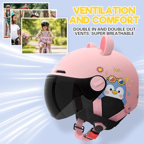 Proberos® Kids Bike Helmet for Boys & Girls Ages 3-12, UV400 Sun-Proof Goggle Lightweight Cartoon Bike Helmet with Detachable Ear Guards, Adjustable Chin Strap, Cushion Liner Design, Pink