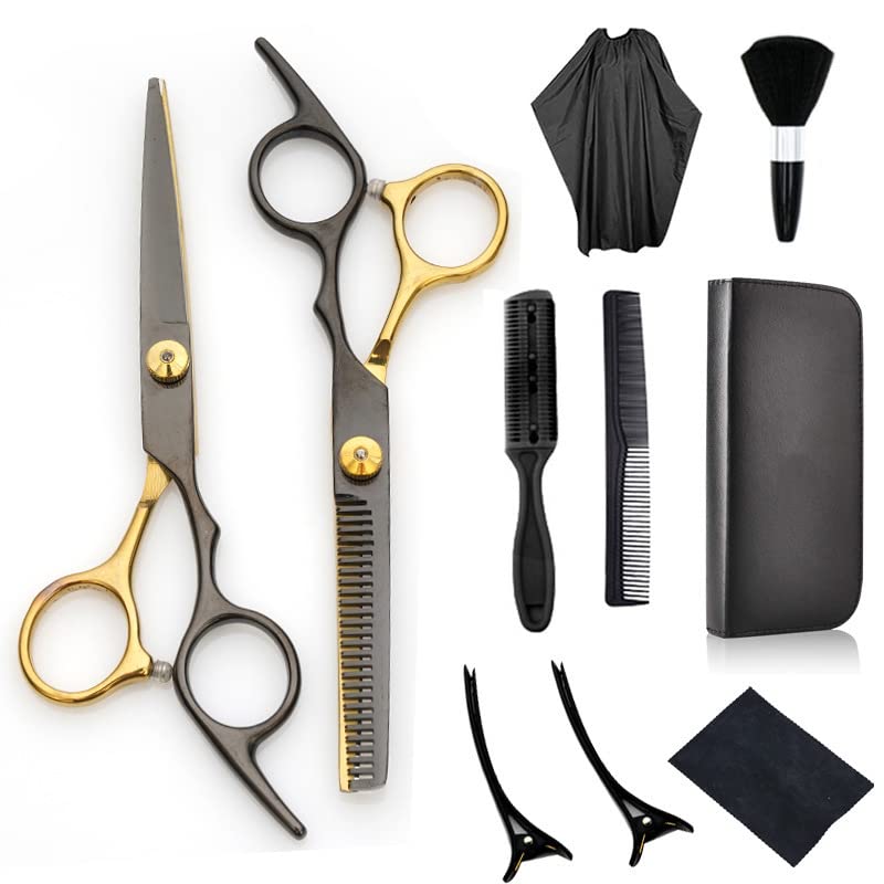 HASTHIP® 10 Pcs Professional Stainless Steel Hair Cutting Kit, Hairdressing Kit, for Barbers, Parlour, Salon, Adults & Kids with Cape, Clips, Scissors, Comb, storage bag & cleaning cloth