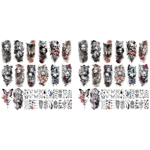MAYCREATE® Temporary Tattoo for Men Women 34 Sheets Large Arm Band Sticker 3D Realistic Armband Body Half Sleeve Hand Assorted Lion Wolf Tiger Skull Fake Tattoos 68PCS