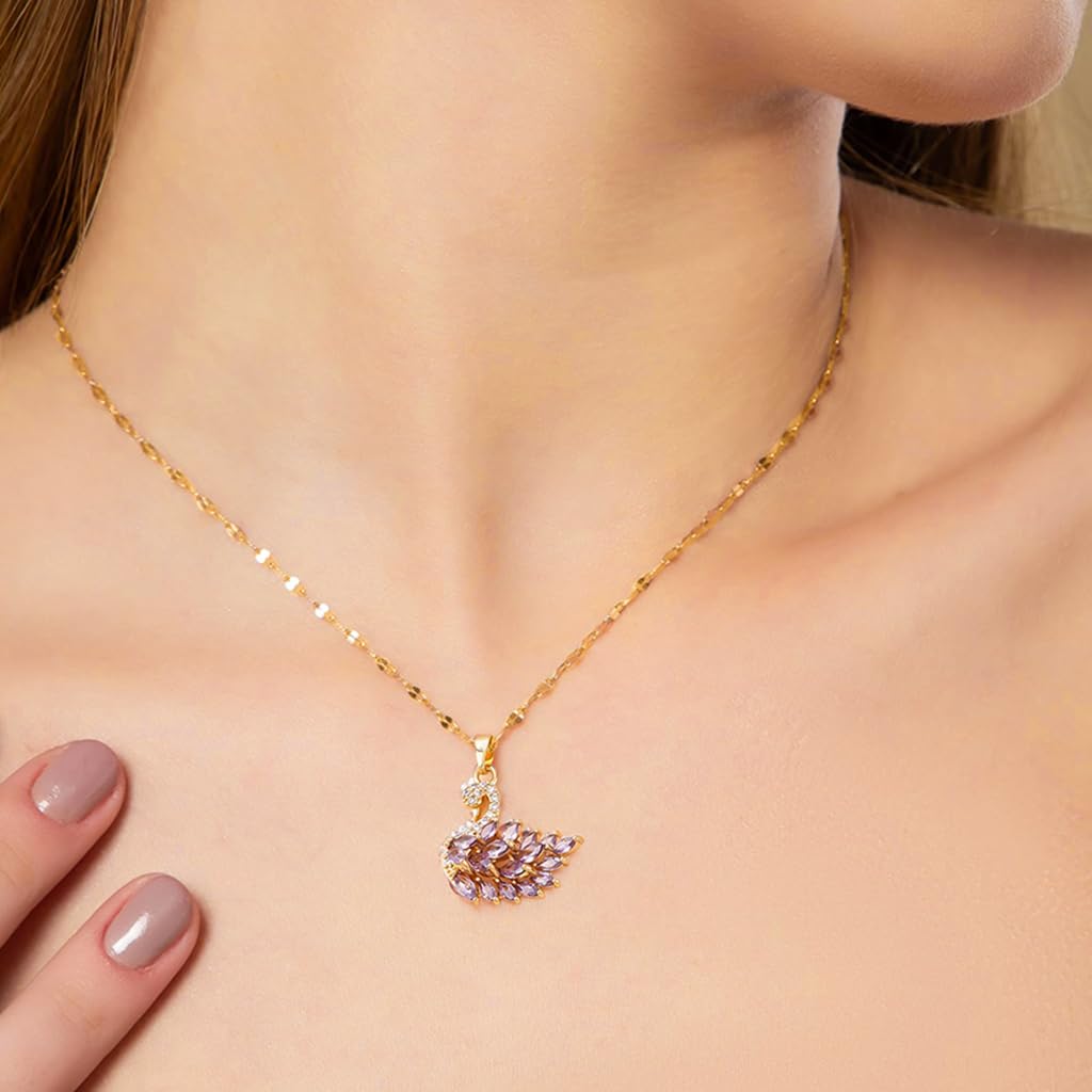 ZIBUYU Sparkling Swan Necklace for Women with Purple Zircon and 15.7+1.9 in Chain | Golden Stainless Steel Jewelry Gift