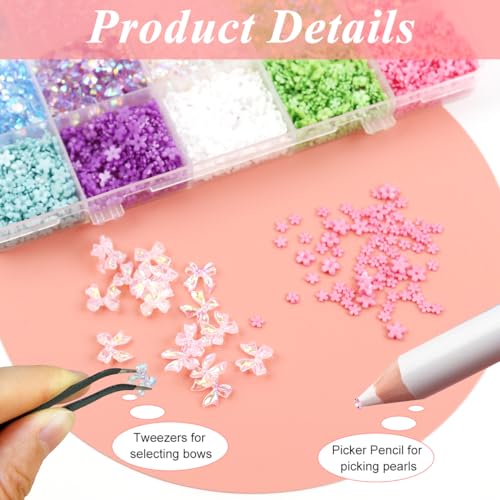MAYCREATE 3200PCS Bow Nail Art Charms, Colorful Bowknot Nail Gems Nail Art Rhinestone Cute 3D Acrylic Flower Metal Caviar Beads Nail Decoration with Pickup Tools for Manicure DIY Crafts