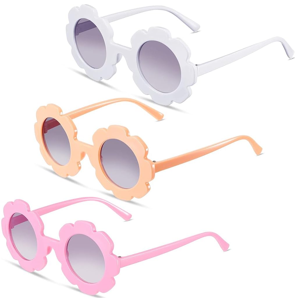 SNOWIE SOFT® 3Pcs Girls Sunglasses Kids Summer Sunglasses Round Flower Framed Sunglasses Outdoor UV Protection Beach Sunglasses for Kids 3-8 Years Old