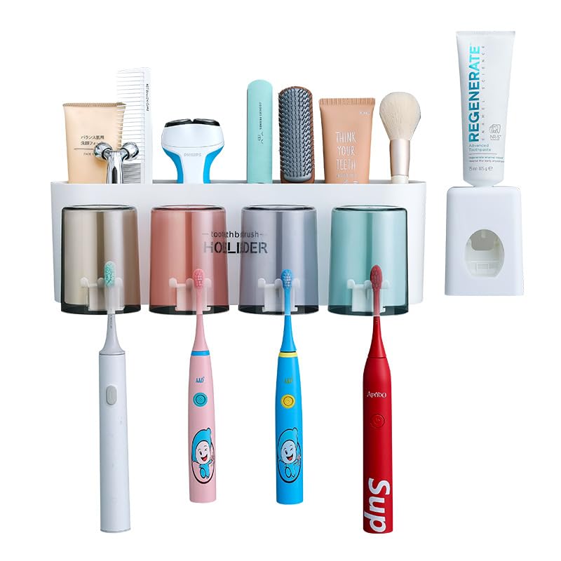 HASTHIP® 4-Person Non Perforated Toothbrush Holder, Wall Mounted Toothpaste