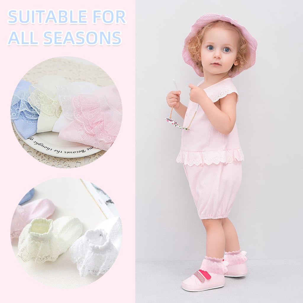 SNOWIE SOFT Baby Socks 4 Pairs with Ruffle Lace Cuffs in 4 Colors for 0–3 Year Old Girls | Breathable Cotton Summer Gift Set