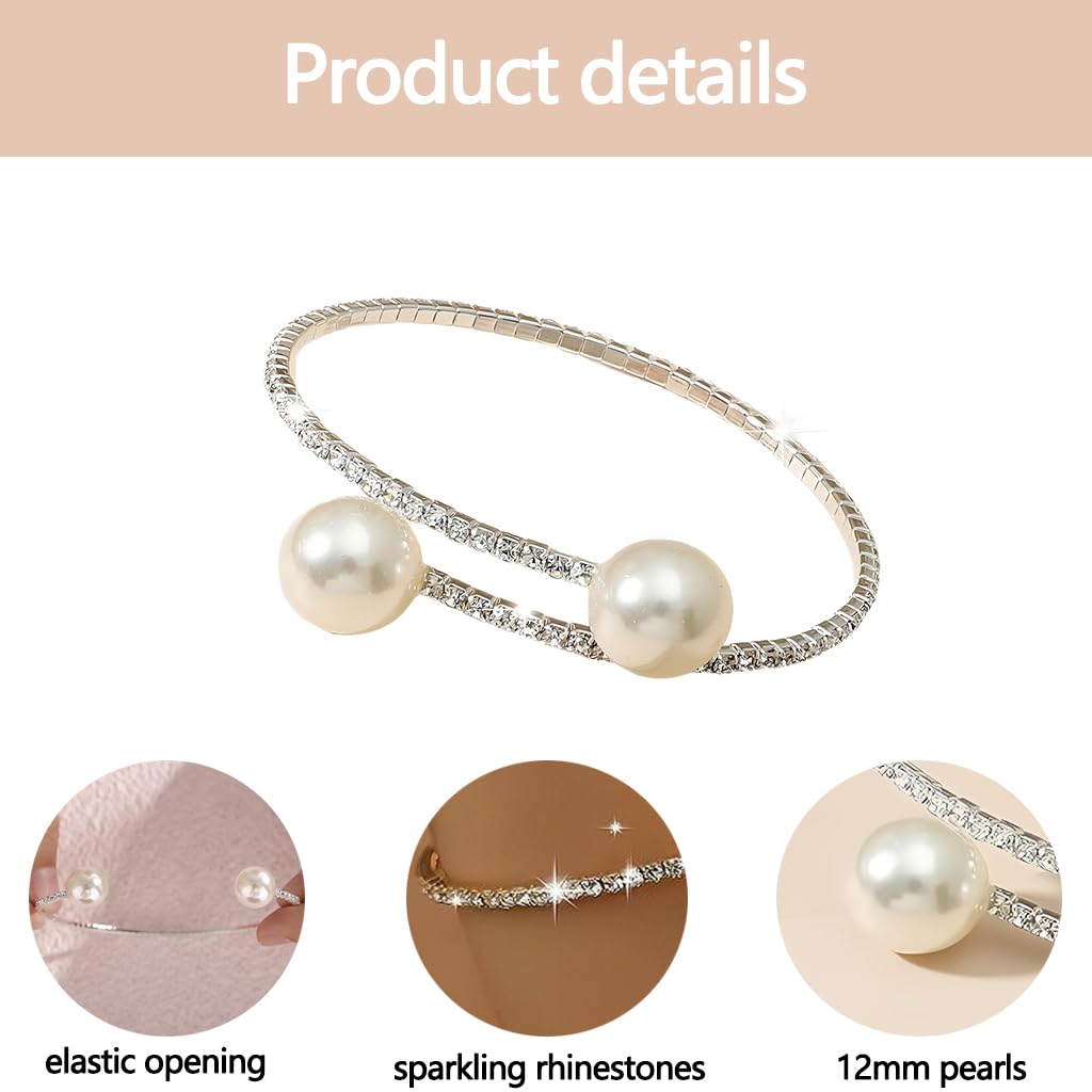 Zibuyu Pearl Bangle Bracelets for Women with Adjustable Cuff and Crystal Rhinestones | Elegant Bridal Jewelry Accessory
