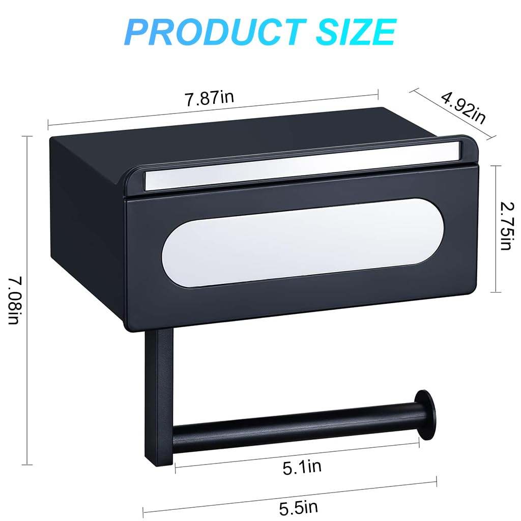 Supvox Toilet Roll Holder for Bathroom with 180° Rotating Storage Box 20×12.5×18cm Black ABS | 3‑in‑1 Wall Mounted Design