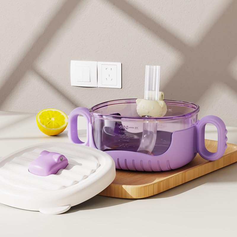 SNOWIE SOFT Baby Bowl with Dual Ears 400ml Baby Food Container with Lid Transparent Food Grade PP Baby Food Bowl with Clip-on Silicone Straw Travel Baby Food Container Snack Bowl