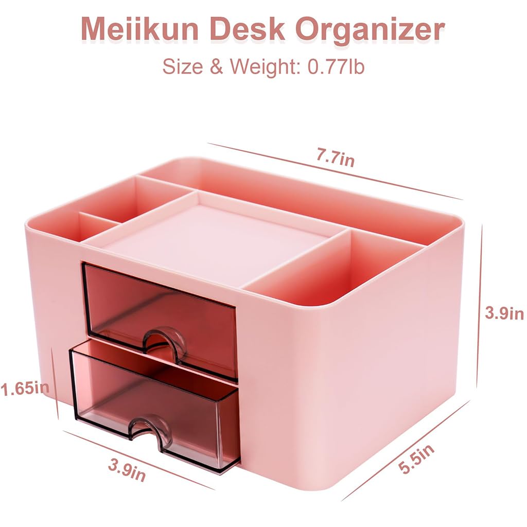 Zibuyu Desk Organiser for Office Table with 2 Drawers and 5 Compartments in Pink | ABS Storage Box for Stationery and Makeup