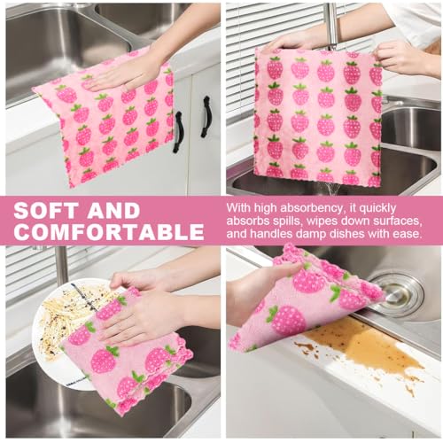 HASTHIP® Kitchen Dish Cloth 30x30cm, Pack of 4 Sweet Fashion Strawberry Coral Fleece Dish Cloth, Soft & Absorbent Utility Kitchen Clean Cloth