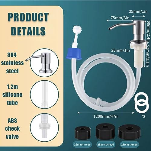 HANNEA® Soap Dispenser for Kitchen Sink Fixed Hand Wash Pump with 47 Inches Tube 360 Degree Rotatable Stainless Steel Press Down for Lotion Body Wash Shampoo 3 PCS