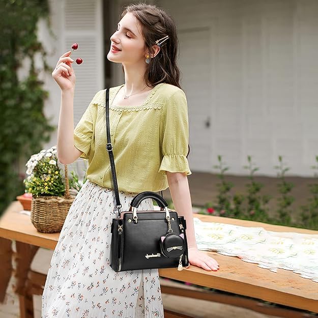 ZIBUYU Hand Bag for Women 24x10x18cm with Detachable Strap and Cat Ear Pouch Black | Daily Use Tote