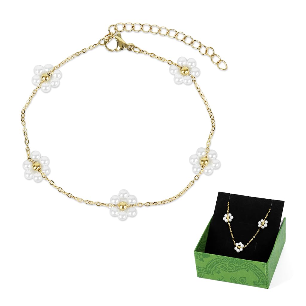 SANNIDHI Bracelets for Women featuring Pearl Daisy Flower Charm with Golden Titanium Steel | Elegant Gift for Girls and Sisters
