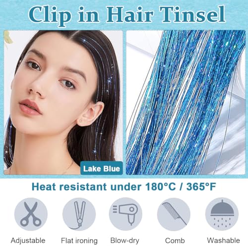 MAYCREATE® 6pcs Hair Tinsel Hair Extensions for Women Girls Blue Glitter 20'' Clip-in Fairy Hair Tinsels Highlight Sparkling Tinsel Hair Clips for Party, Festival