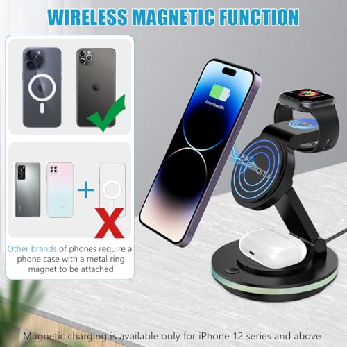 zitronix® Magnetic Wireless Charger for iPhone 3 IN 1 Wireless Magentic Charger for iPhone, iWatch & Airpods Fashion Travel Folding Wireless Magentic Charger with Light, Universal Compatibility