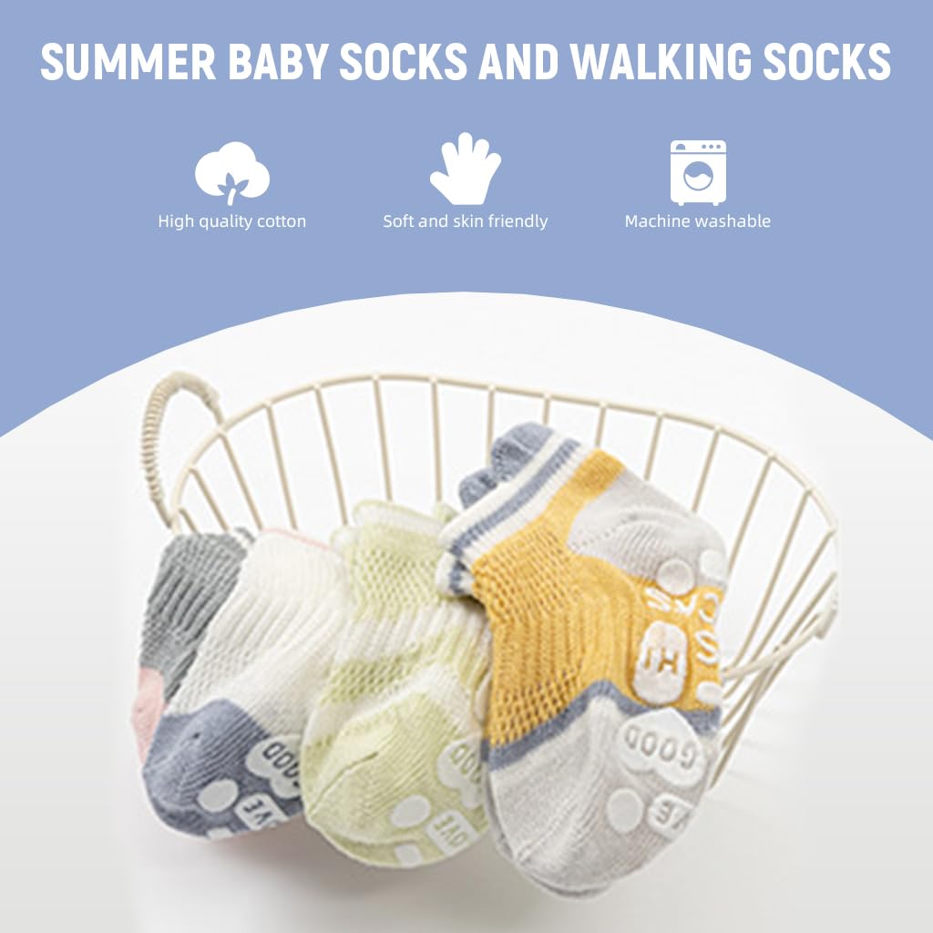 SNOWIE SOFT® 5 Pairs Baby Socks Floor Socks for Toddlers Summer Breathable Mesh Cotton Socks Cartoon Toddler Socks for Toddler Girls 0-18 Month