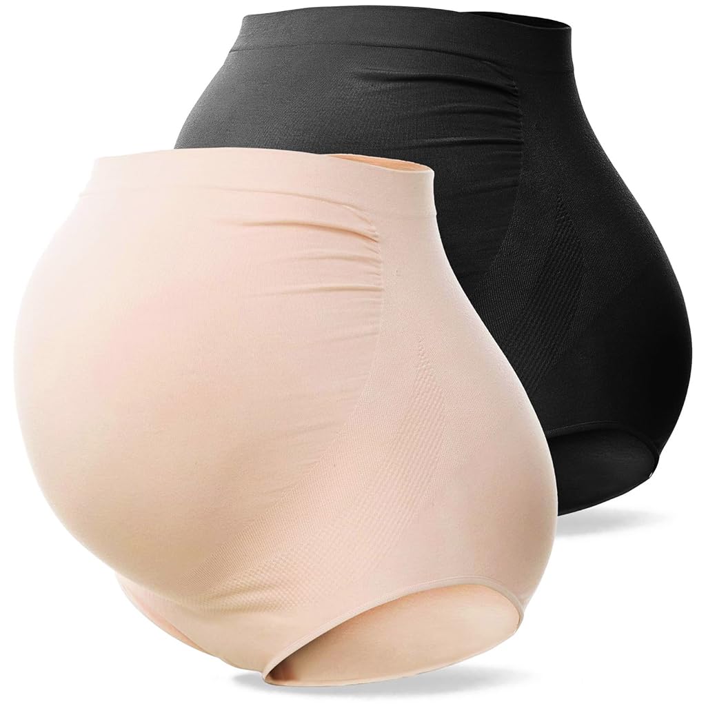PALAY Maternity High Waist Underwear for Pregnancy with Seamless Belly Support, 2 Pack Beige&Black
