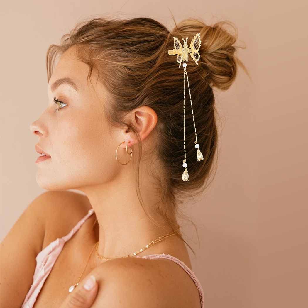SANNIDHI Metal Butterfly Hair Clips for Girls with Tassel and Faux Pearl Design | 2 Pack Gold