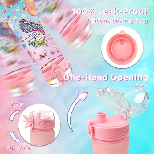 Supvox Girl Water Bottle - Kid DIY Water Bottle Gifts Set Cute Leak Proof Water Bottles with Rainbow Unicorn Stickers for Birthday School Picnic Outdoors for Girls Age 4-6-8-10 (600ml)