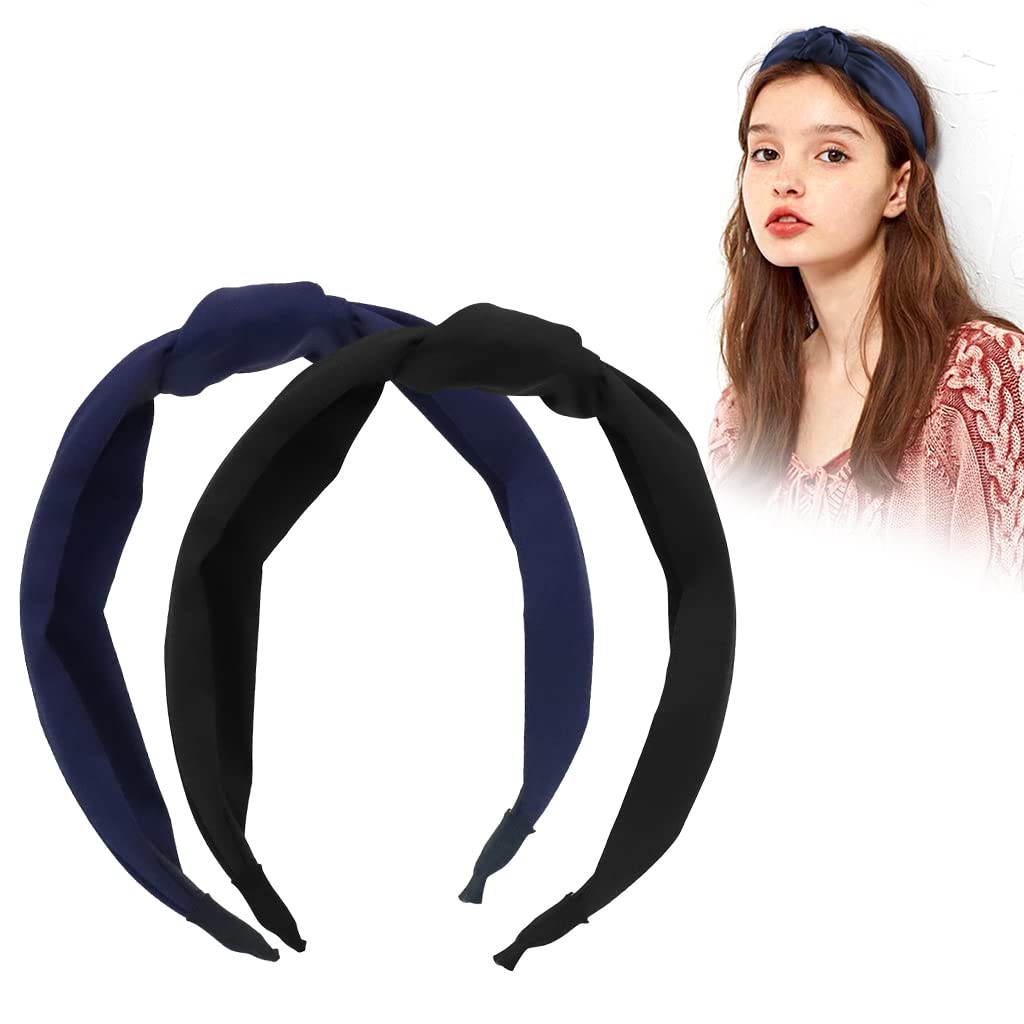 ZIBUYU Hairband for Women featuring Knotted Non Slip Design and 2 Pcs Black & Dark Blue Set