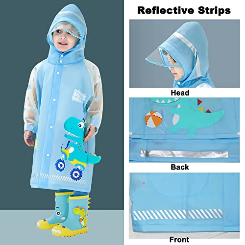 SNOWIE SOFT® Hooded Raincoat for Kids Wide Brim Raincoat for Kids 5-7 Years EVA Student Kids Rain Coat for Girls with School Bag Rain Cover Unicorn Dinosaur Print Recommended Height 115-130cm