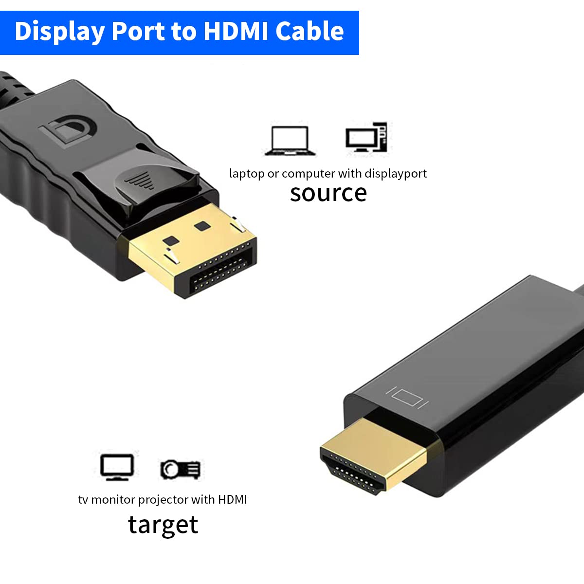Verilux DisplayPort to HDMI Cable 6ft for Monitor and Projector featuring Gold-Plated Connector