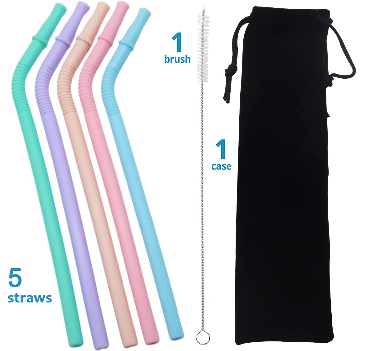 HASTHIP® 5Pcs Silicone Straws, Reusable Silicon Straws, Colorful Flexible BPA Free Foodgrade Silicon 8.4Inch Portable Straws for 20 oz 30 oz Water Glasses with Cloth Bag and Cleaning Brush