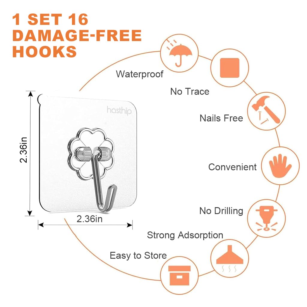 HASTHIP Wall Hooks for Bathroom and Kitchen with Ultra Adhesive Acrylic Glue | 16 Pack Plastic and Metal Transparent Design