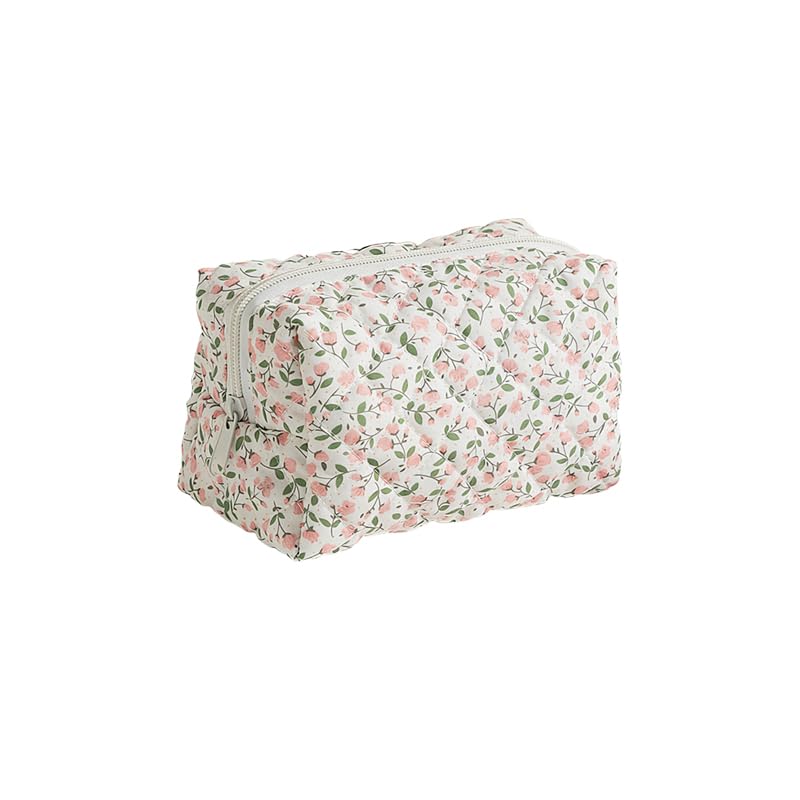 ZIBUYU Quilted Floral Cosmetic Pouch for Travel and Daily Use with Secure Zipper | Cotton Organizer Bag for Women