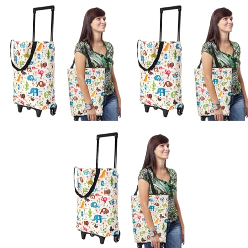 Serplex® Portable Shopping Cart with Shoulder Straps and Telescoping Handle 20KG Capacity Waterproof Trolley for Groceries Fashion Cartoon Print 3 PCS