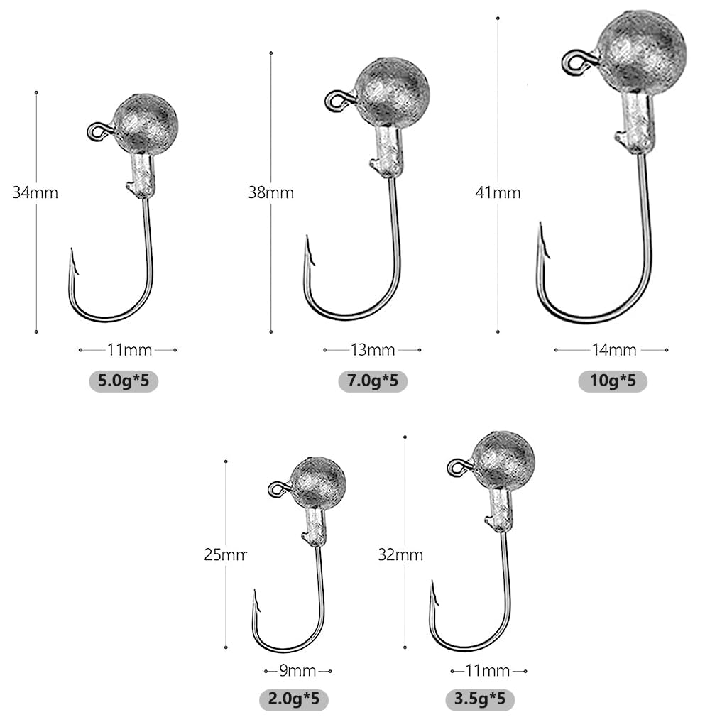 Proberos Fishing Hook Set for Freshwater and Saltwater with 25pcs and 5 Weights | Sharp Steel Round Lead Head
