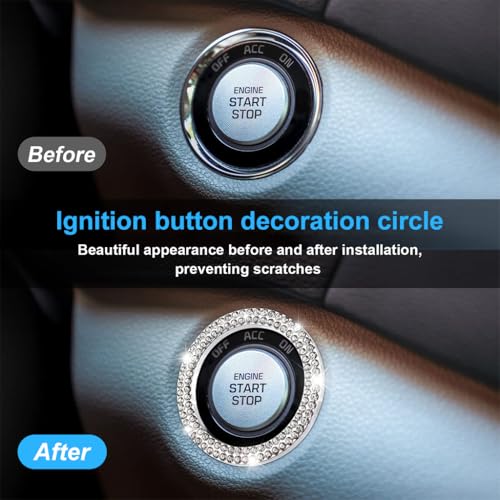 STHIRA® 4PCS Crystal Double Rhinestone Car Push Start Button Cover Bling Ring for Womens Interior Decorative Knob Accessory Stylish Durable Engine Stop