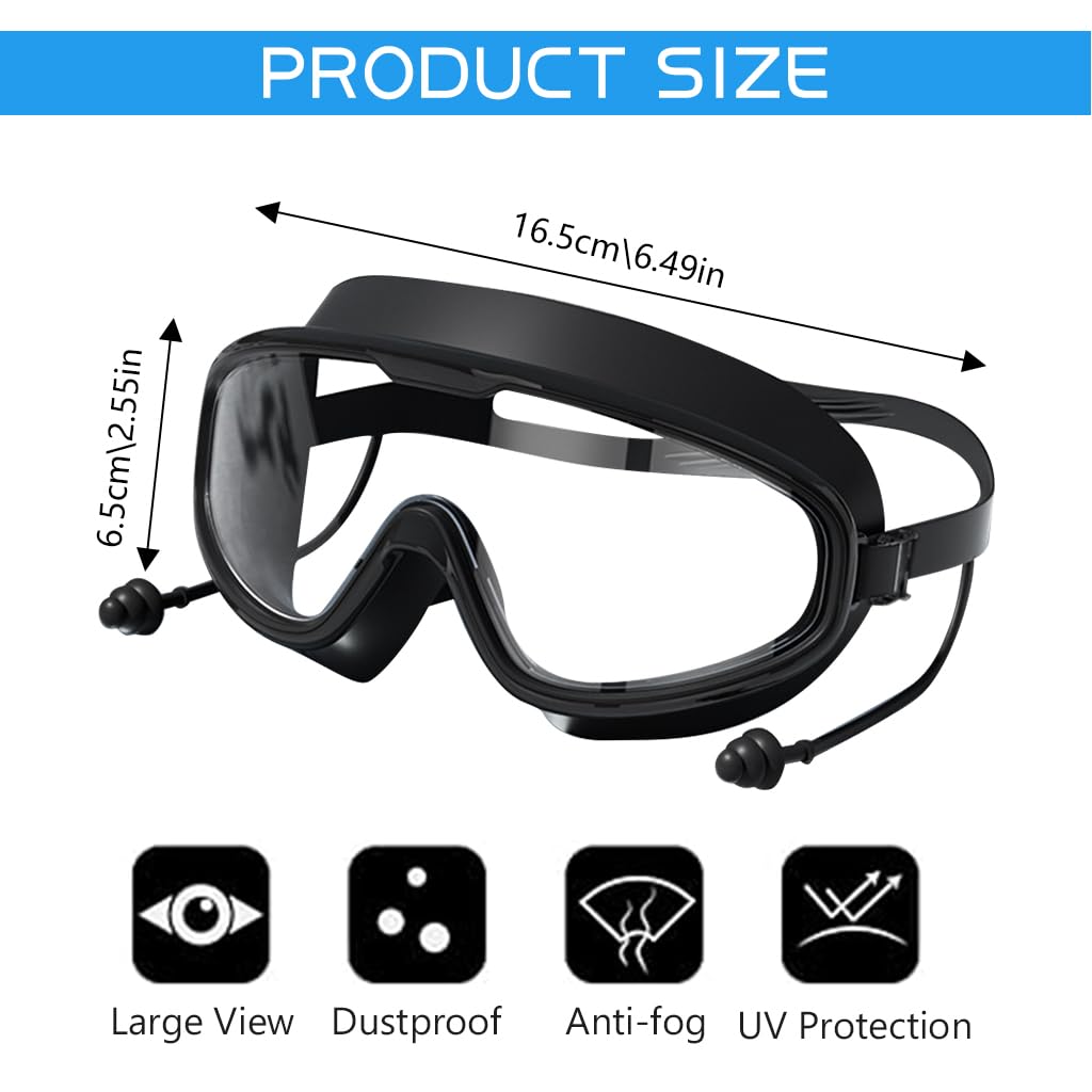 Proberos Swim Goggles for Adults with Integrated Ear Plugs and Anti Fog Lens | Black