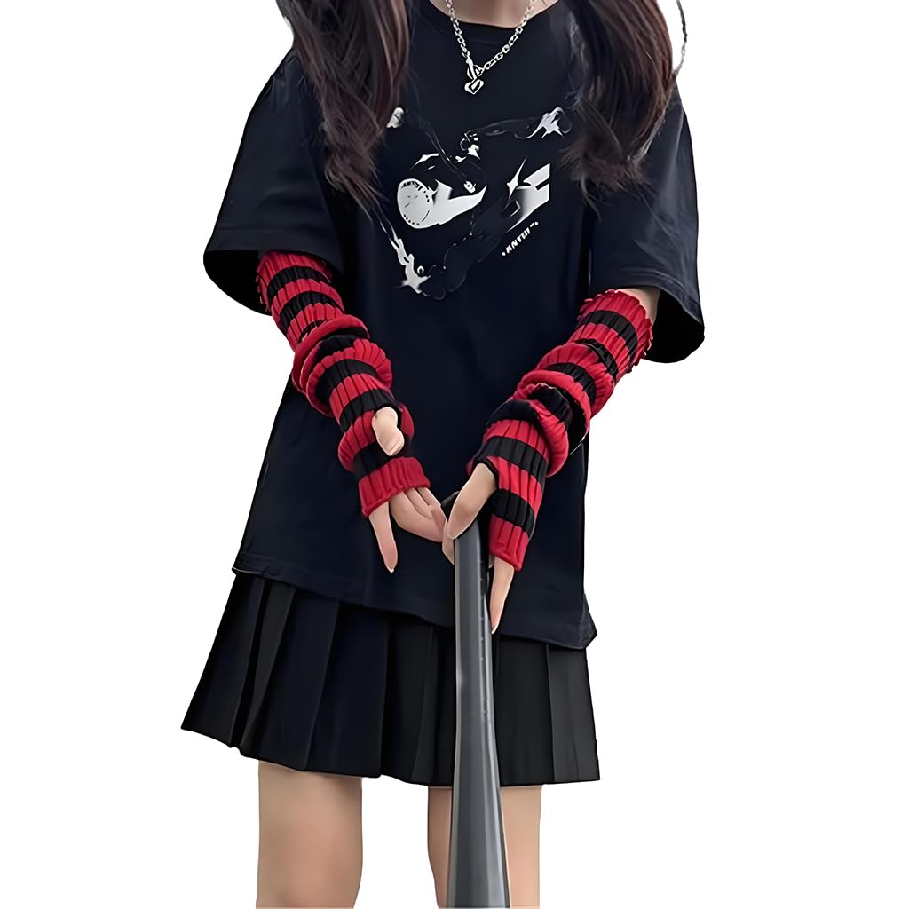 SANNIDHI Arm Warmers for Women with Thumb Hole featuring Red Black Striped Knit | Y2K Style and Warmth