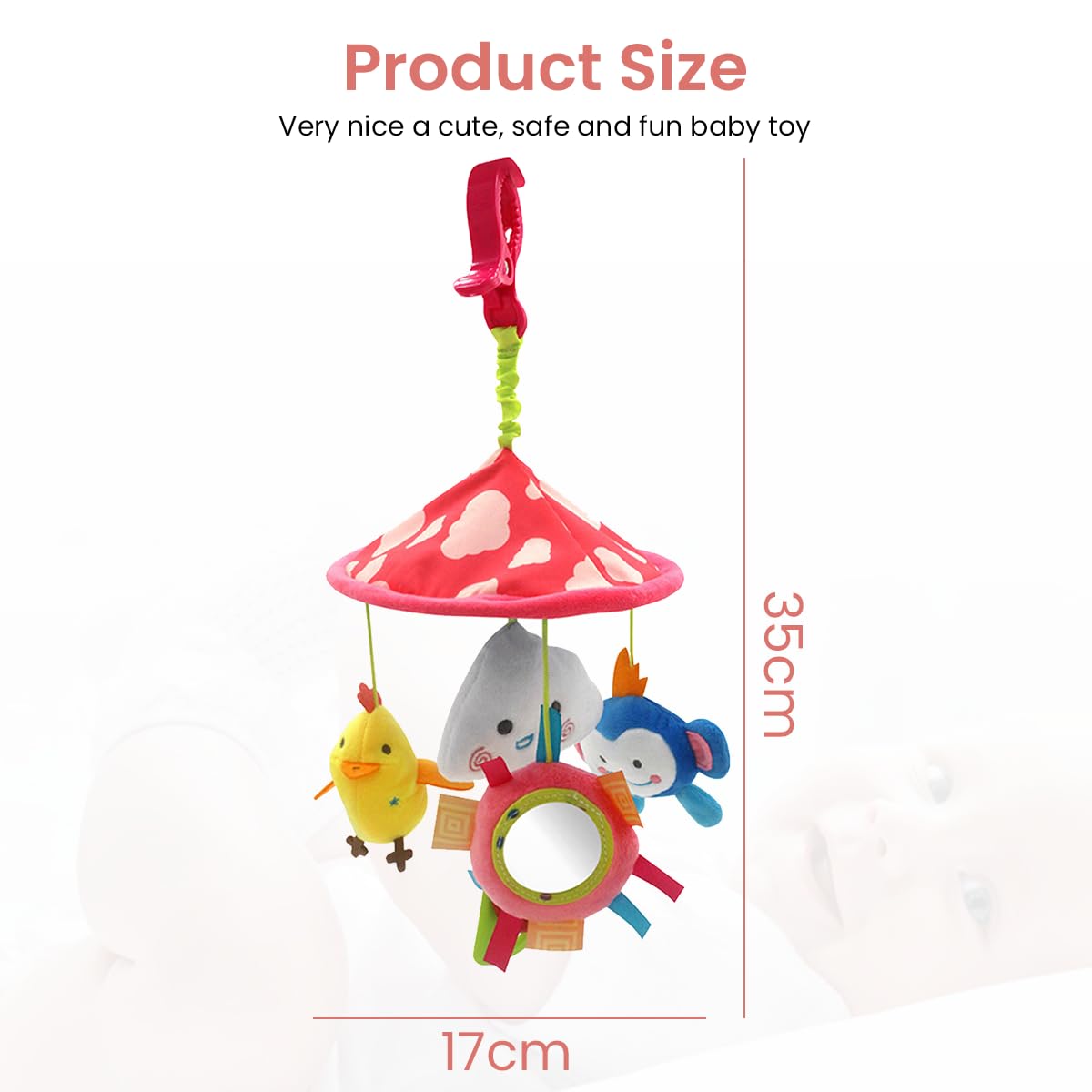 PATPAT® Hanging Toys for Babies 0-6 Months, New Born Baby Toys Rattle Crinkle Squeaky Toy Car Seat Plush Stroller Toy with Mirror Plush Animal C-Clip Ring for Infant Babies 3 6 9 to 12 Months