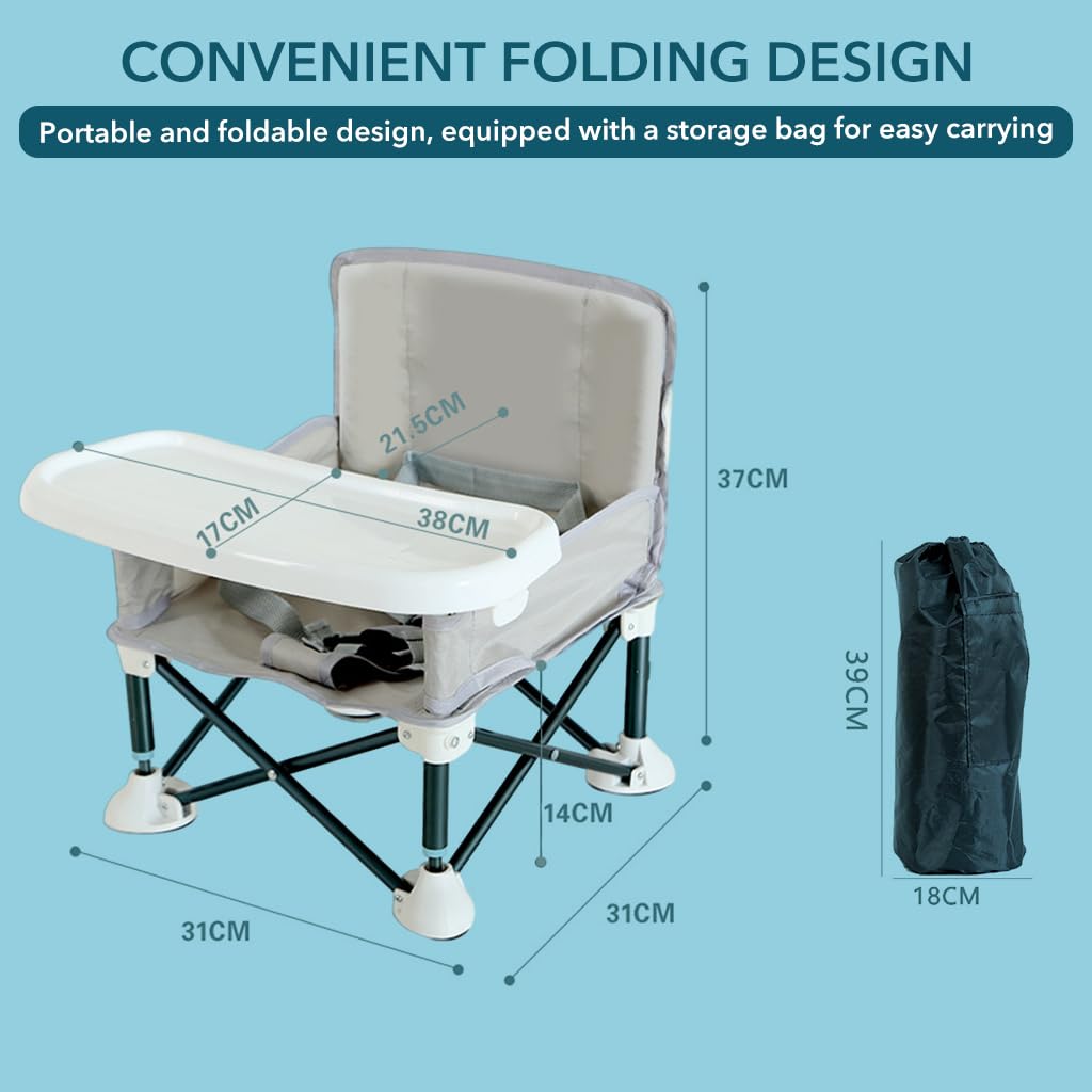 SNOWIE SOFT Folding Booster Seat for Baby Feeding with Detachable Table & Aluminum Frame | 12.2×12.2×14.5 in Portable Chair for Toddlers 6–36 Months