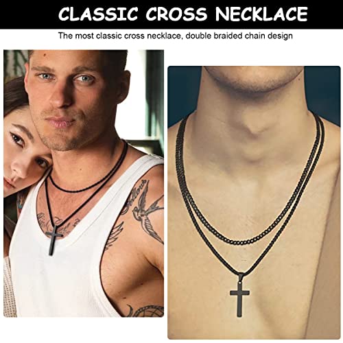 MAYCREATE® Black 2 Pcs Double Layered Electroplated Titanium Classic Cross Pendant Steel Chain Necklace Set with Flannel Bag for Men & Women