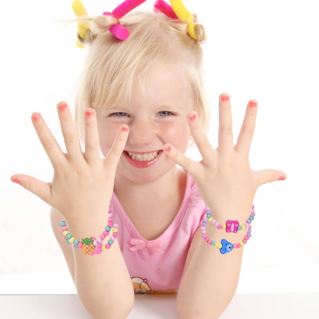 PALAY Bracelets Set for Girls featuring 12Pcs Elastic Wooden Beads | Cute Cartoon Design