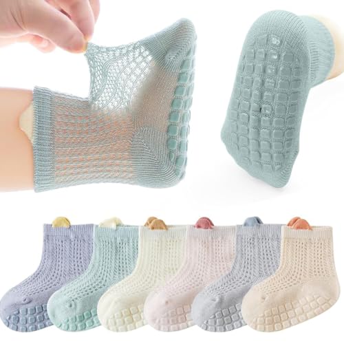 SNOWIE SOFT® 6 Pairs Baby Socks Set 0 to 6 Months, Summer Breathable Antislip Socks for New Born Baby Toddlers Floor Socks Cotton Socks Non Slip Grip Ankle Socks Infants Girls Boys 0-18 Month(S Size)