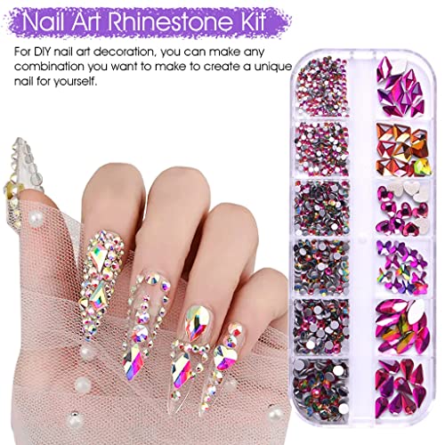 MAYCREATE® Nail Art Rhinestones Kit Purple Rhinestones Geometry Shape Flatback Glitter Round Bead with Pickup Pen Tweezer for DIY Manicure Craft Decoration Nail Art Salon